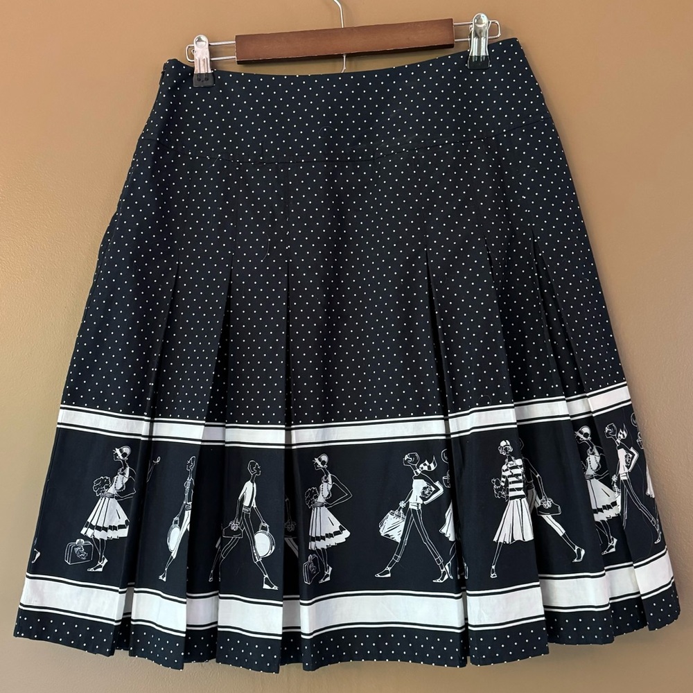 Liz Claiborne Vintage Pleated A-Line Skirt Black Novelty Print Shoppers 8